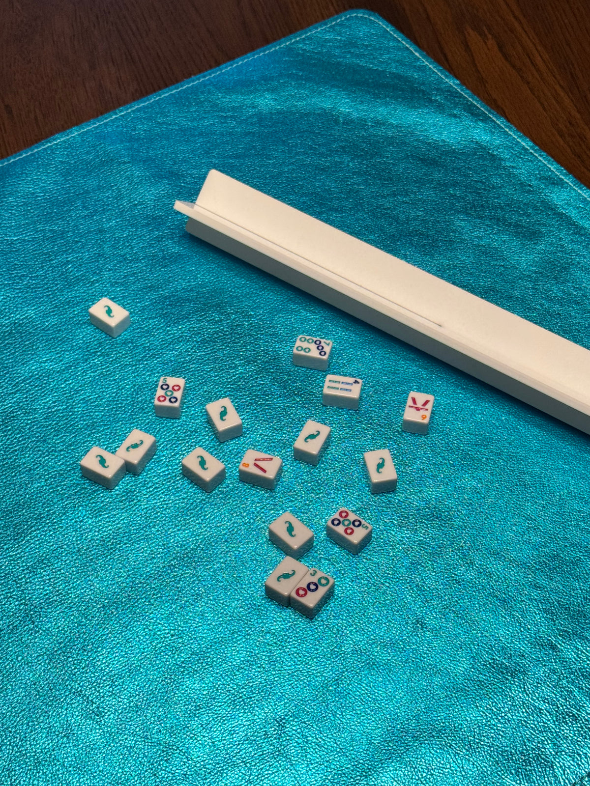 Leather Mahjong Travel Mat - Metallic Aqua