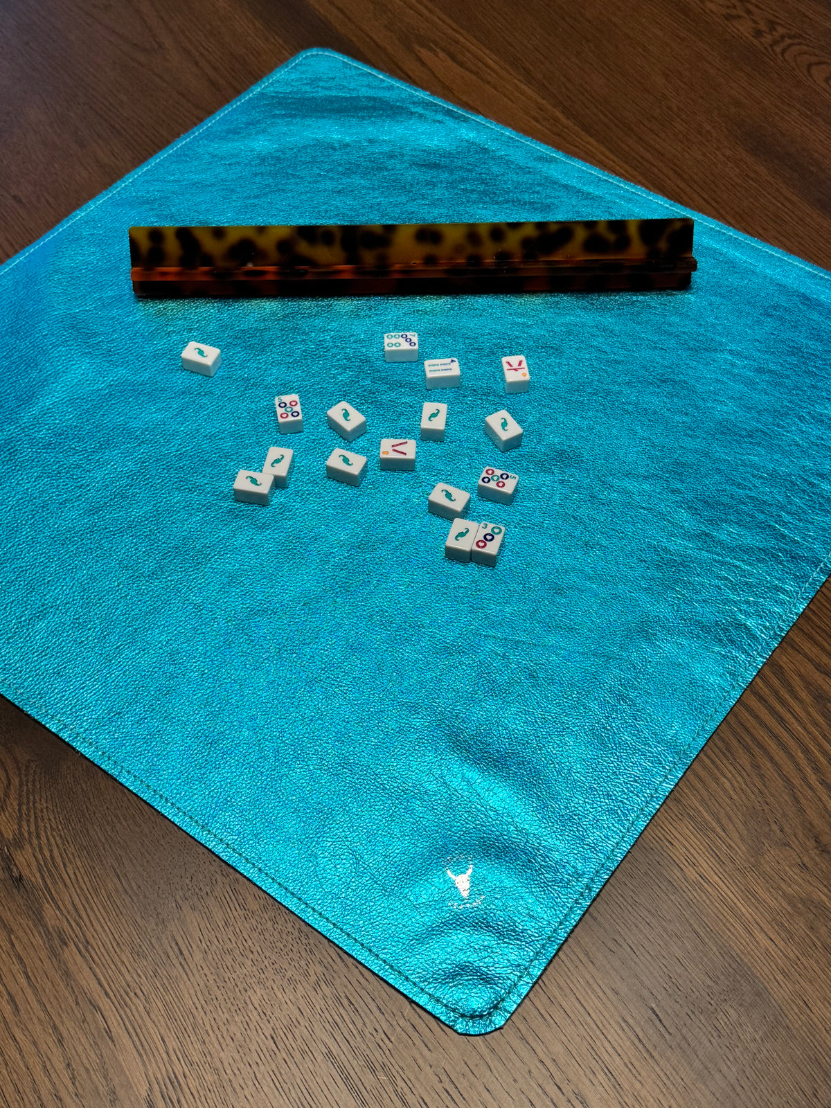 Leather Mahjong Travel Mat - Metallic Aqua